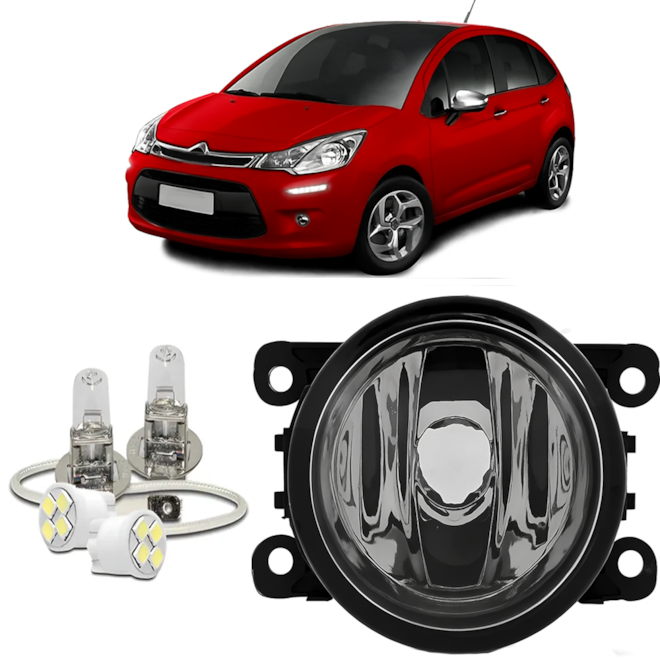 kit Farol Milha C3 2011 a 2021 Sem Lado (4 Orelhas) Com Lâmpada