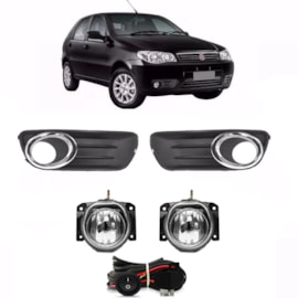 Kit Farol Milha Palio Way 2009 a 2014 Cinza Aro Cromado Com Lâmpada