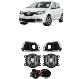 Kit Farol Milha Sandero 2015 a 2019 Aro Cromado Com Lâmpada