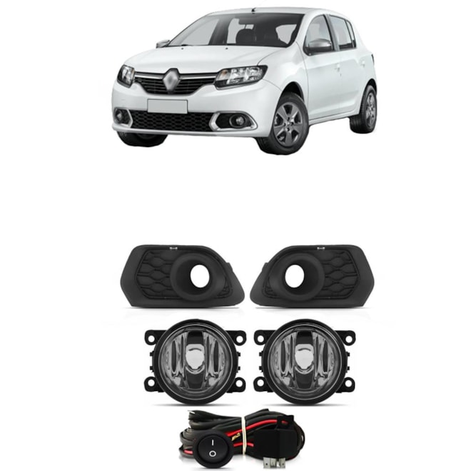 Kit Farol Milha SANDERO 2020 a 2024 Aro Preto Chicote Botão Universal